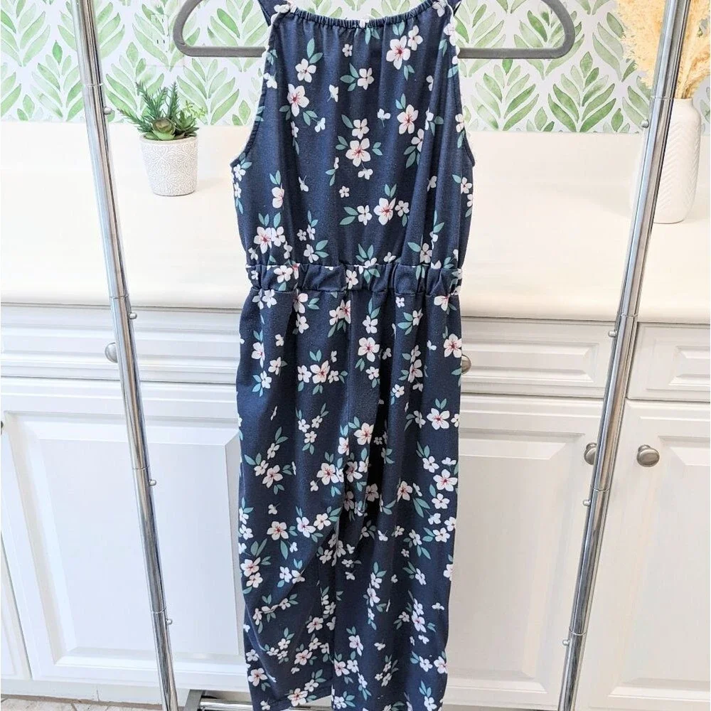 Girls Navy Blue Floral Jumpsuit pull on size 14 Spring School Fall